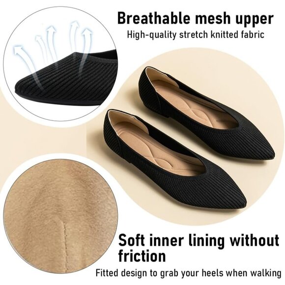 Women's Pointed Toe Knit Ballet Fashionable and Comfortable Dressy Flat Shoes - Picture 2 of 6